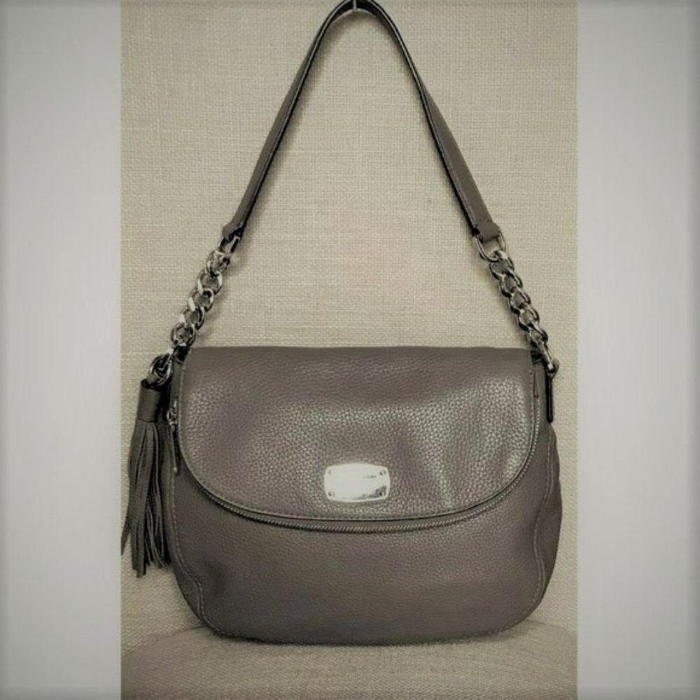 Michael Kors Bedford Taupe Gray Leather Fold-over Shoulder Bag Handbag Purse